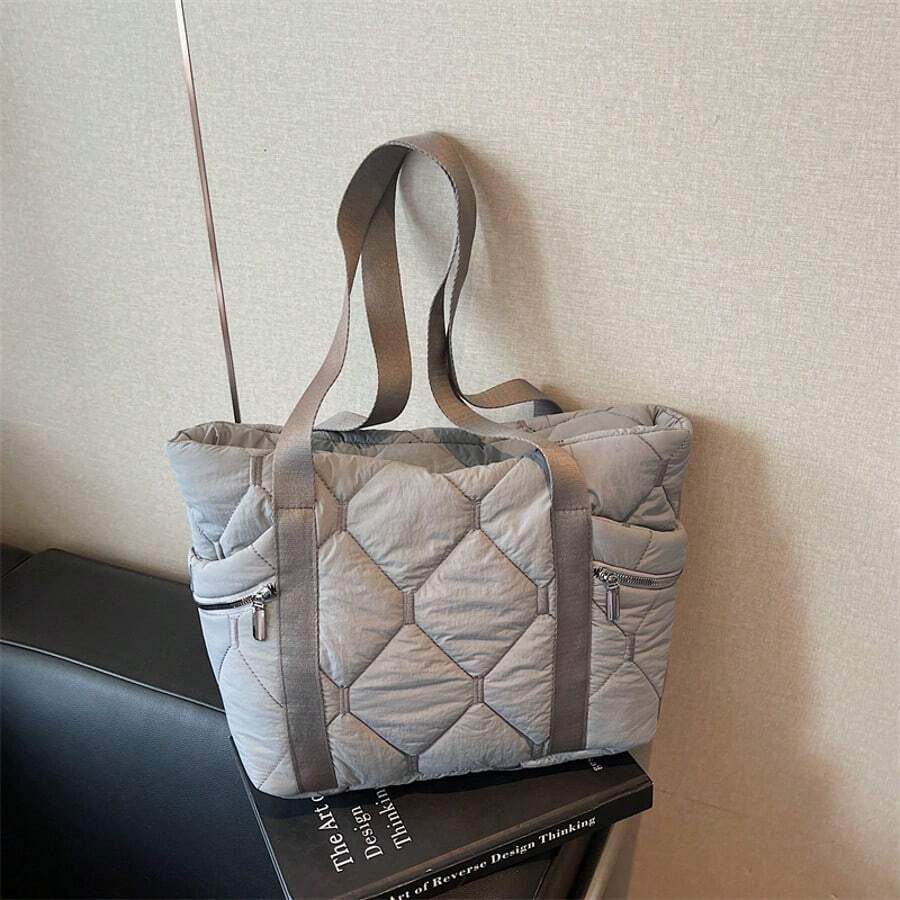 1pc New Diamond Embroidery Multi-Pocket Large Capacity Shoulder Tote Bag, Lightweight Nylon Women's Handbag For Work And Commute