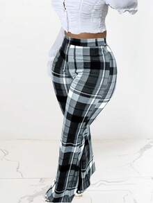 Plus Size High Waist Plaid Casual Wear Wide Leg Pants, All Season