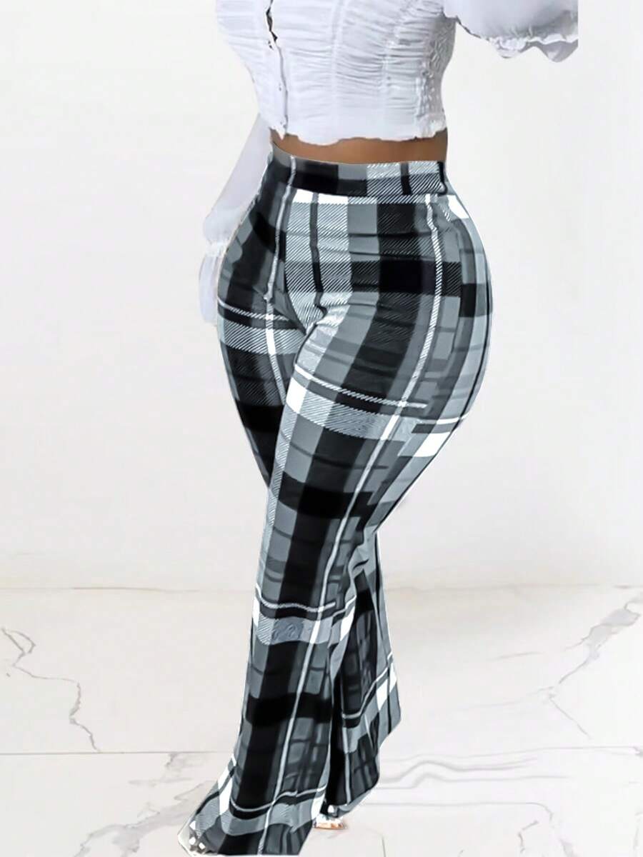 Plus Size High Waist Plaid Casual Wear Wide Leg Pants, All Season