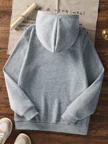 1pc Tween Boy Casual Printed Pullover Sweatshirt, Thermal Lined, Long Sleeve, Autumn/Winter, Student/Youth Clothing - Light Grey - View 3