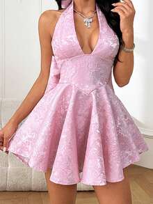 Onicee 夏季连衣裙，粉色情人节套装，时尚提花露背蝴蝶结连衣裙，优雅连衣裙，适合情人节、约会、聚会、派对、旅行、度假、海滩和其他场合。 - 粉色 - 查看 11