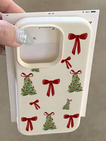 1 szt. Biała kokardka z wzorem choinki, etui na telefon z TPU, odporne na wstrząsy, kompatybilne z Apple 16, 15, 14, 13, 12, 11 Pro Max i serią