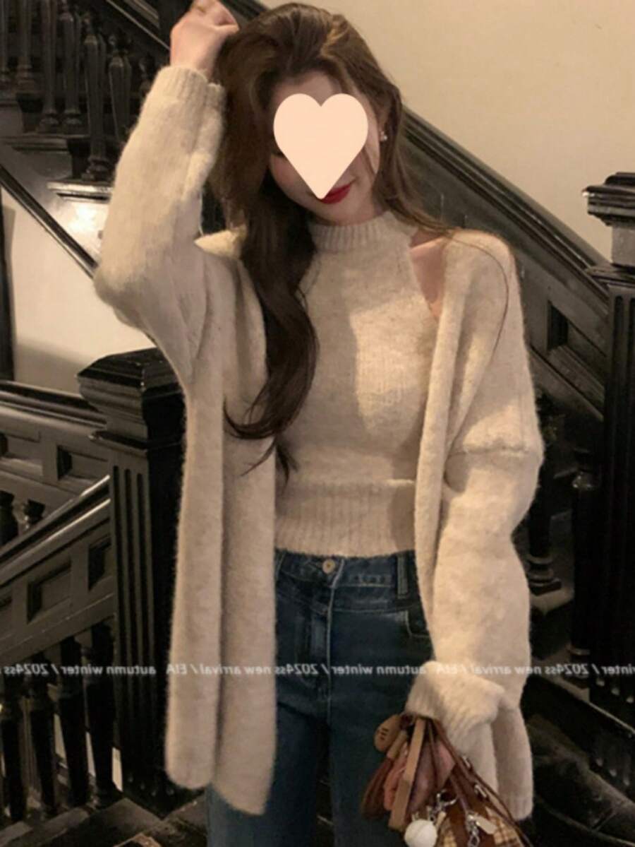 [New For Fall/Winter] Unique Design 2-Piece Top Set For Women, Khaki, One Size Fits All, Extremely Popular Model - 卡其色 - 查看 1
