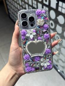 1 szt. Sheer Luxe Pearl Crown Mirror Sparkle Diamond Phone Case Round Bow Mirror Purple Pink Flower Party Phone Back Cover kompatybilny z Galaxy S23 S24 25 Ultra A15 A13 A56 A52 A53 A55 A26 A34 i kompatybilny z 15 12 13 14 16 Plus 17 Pro Max