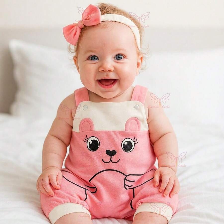 Overalls + Headband Set – Baby Girl Cow Print Size RN To 3 Months - Berwarna merah muda - View 1