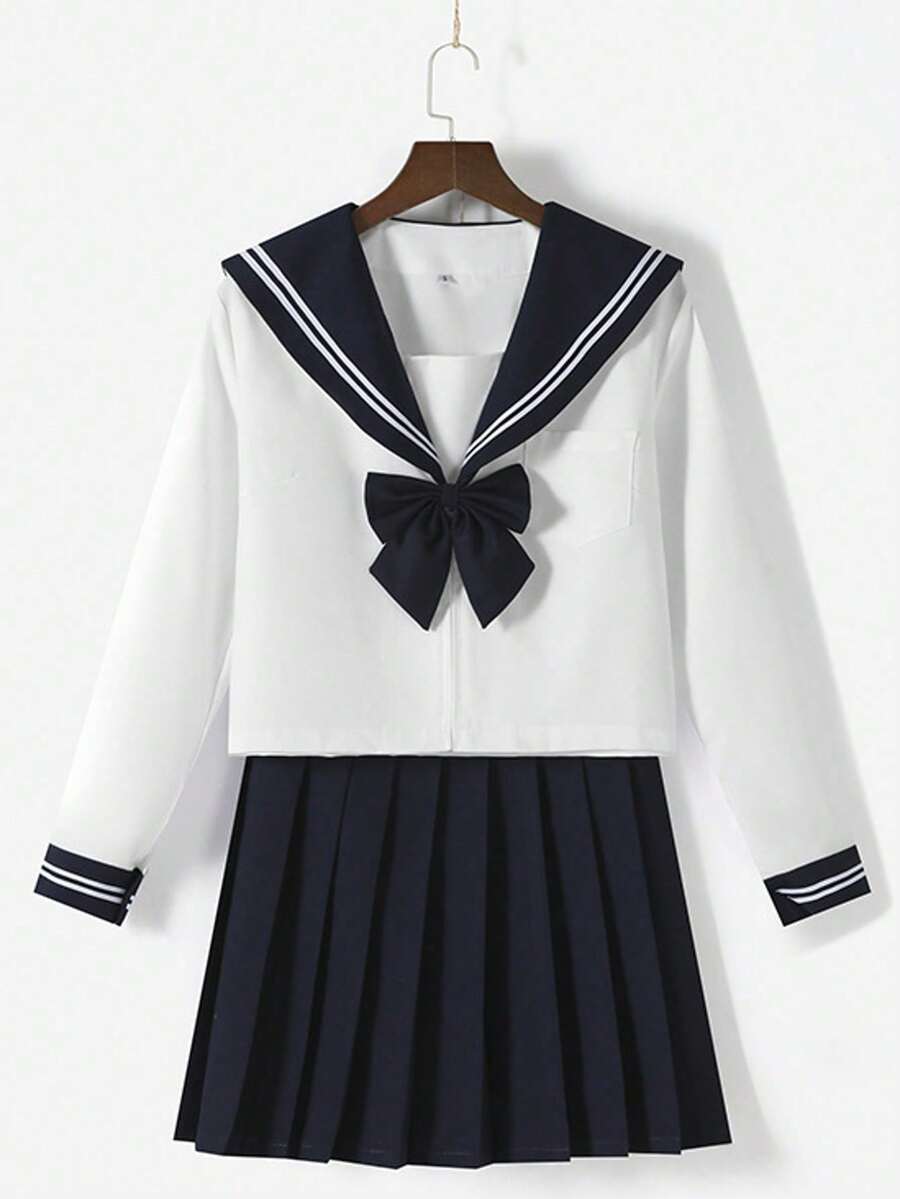 KLFYY Japanese JK School Uniform Blue Collar White Two-Piece Sailor Suit Spring And Autumn Long Sleeve Pleated Skirt Suit - 長袖款套裝(送領結) - 查看 1