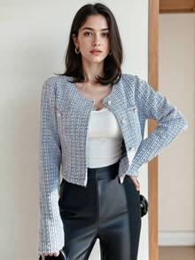 Chaqueta corta de cuello redondo a cuadros para mujer con botones de perlas en la parte delantera, casual y elegante, adecuada para primavera, otoño e invierno. - Azul - Ver 6