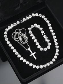 مجموعة مجوهرات كوبية على شكل قلب بطراز الهيب هوب - 3 قطع (قلادة وسوار)، مع قلادة من الفولاذ المقاوم للصدأ بشكل صليب، مجوهرات باردة، مناسبة للرجال والنساء، مناسبة للارتداء اليومي، الحفلات، هدايا عيد الميلاد/عيد الحب