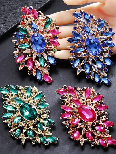 1PC Luxury Cubic Zirconia Brooch Elegant Asymmetrical Shape Glass Flower Design, Fashion Accessories For Women