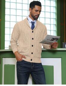 URRU Mens Shawl Collar Cardigan Sweater Casual Slim Fit Button Down Cable Long Sleeve Knitted Sweater With Pockets - 卡其色 - 查看 3
