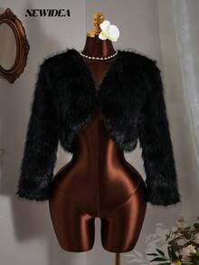 女士高级黑色人造毛皮短款修身长袖外套，低调奢华美学，适合假日、晚宴、正式场合 - 黑色 - 查看 3