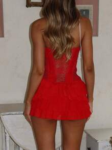 Women Corset Lace Mini Dress Off The Shoulder Bustier Short Dresses Layered Ruffle Lace Hem Party Club Dress - 紅色 - 查看 6