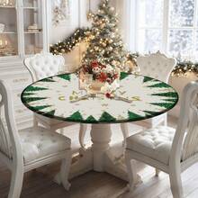 1/36pcs Christmas Tree Round Elastic Tablecloth, Holiday Christmas Design, Durable Polyester Material, Easy To Wipe, Suitable For Indoor/Outdoor Picnic, Camping, Holiday Dinner (Fits Standard Size Tables), Christmas Tablecloth, Picnic Tablecloth, Holiday Dining Decor - Multicolor 06 - View 2
