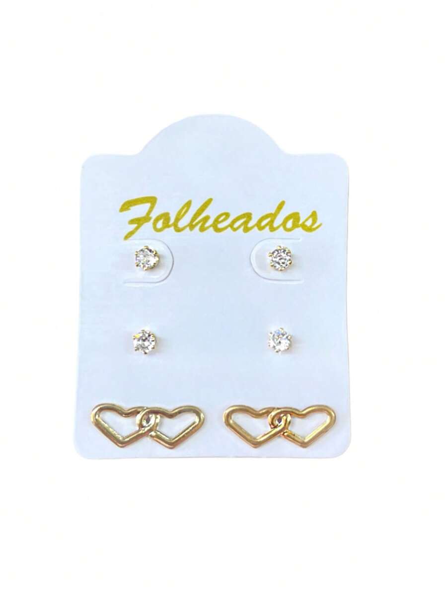 Kit 3 Pairs Of Small Gold Plated Earrings For First, Second And Third Holes, Various Models, Rhinestone Stones - 型號03 - 查看 1