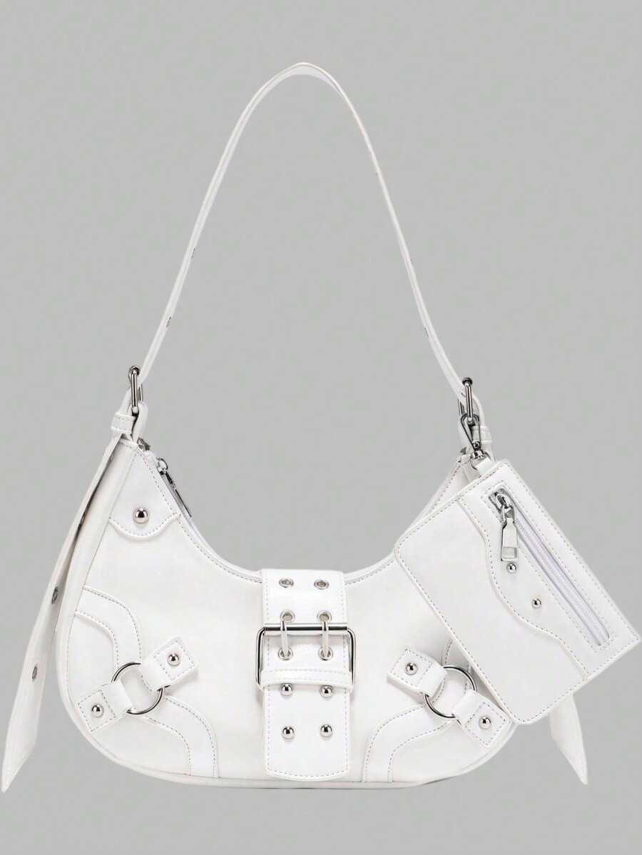 DareSee 女士哥特朋克风两件套新月包和白色搭扣摩托车包，百搭时尚配饰，适合音乐节、派对、工作和旅行，摇滚风女包，Tready新月包，适合音乐节、Y2KFest、返校季、秋冬季节等场合，是音乐节的理想礼物。 - 白色 - 查看 1