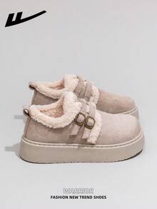 1 Pair WARRIOR Women's Autumn/Winter Warm Sports Shoes, Lace-Up Soft Sole Casual Shoes, Low-Top Outdoor Flat Shoes, Thick Sole Commuter Shoes, Round Toe Low Heel Non-Slip Solid Color Elegant Soft Bottom Hiking Suitable For Students Graduation Photos Flat Shoes, Low-Top Leather Sports Skateboard Shoes For Women - Beige - View 4