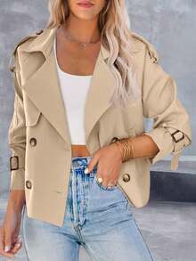 Women Cropped Jacket Double Breasted Trench Coat Raglan Sleeve Work Office Coat With Pockets - Beige - View 1