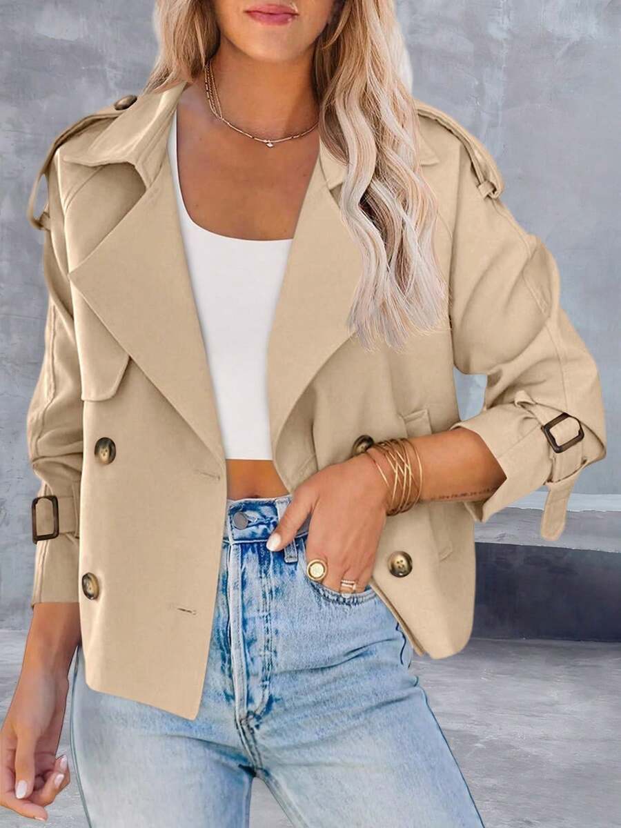 Women Cropped Jacket Double Breasted Trench Coat Raglan Sleeve Work Office Coat With Pockets - Beige - View 1