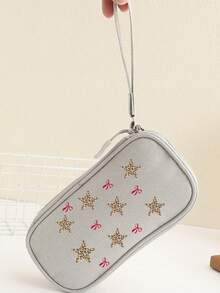 1 pièce Sac de rangement à fermeture éclair à simple couche avec un cordon, imprimé d'un motif d'étoile à cinq branches et d'un nœud rouge. Sac de rangement multifonctionnel, pour câbles de données, écouteurs, sac de rangement portable pour les voyages