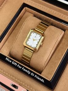 Pablo Raez 1pc Vintage Lady Watch 18K Gold Jewelry Non Tarnish Women Dress Watch Stainless Steel IPG Rectangle Case Elegant Square Brand New Design Quartz Retro Watch For Lady Fahion White High Quality Star Diamond Scales Woman Popular Wristwatch - 均碼 - 查看 7