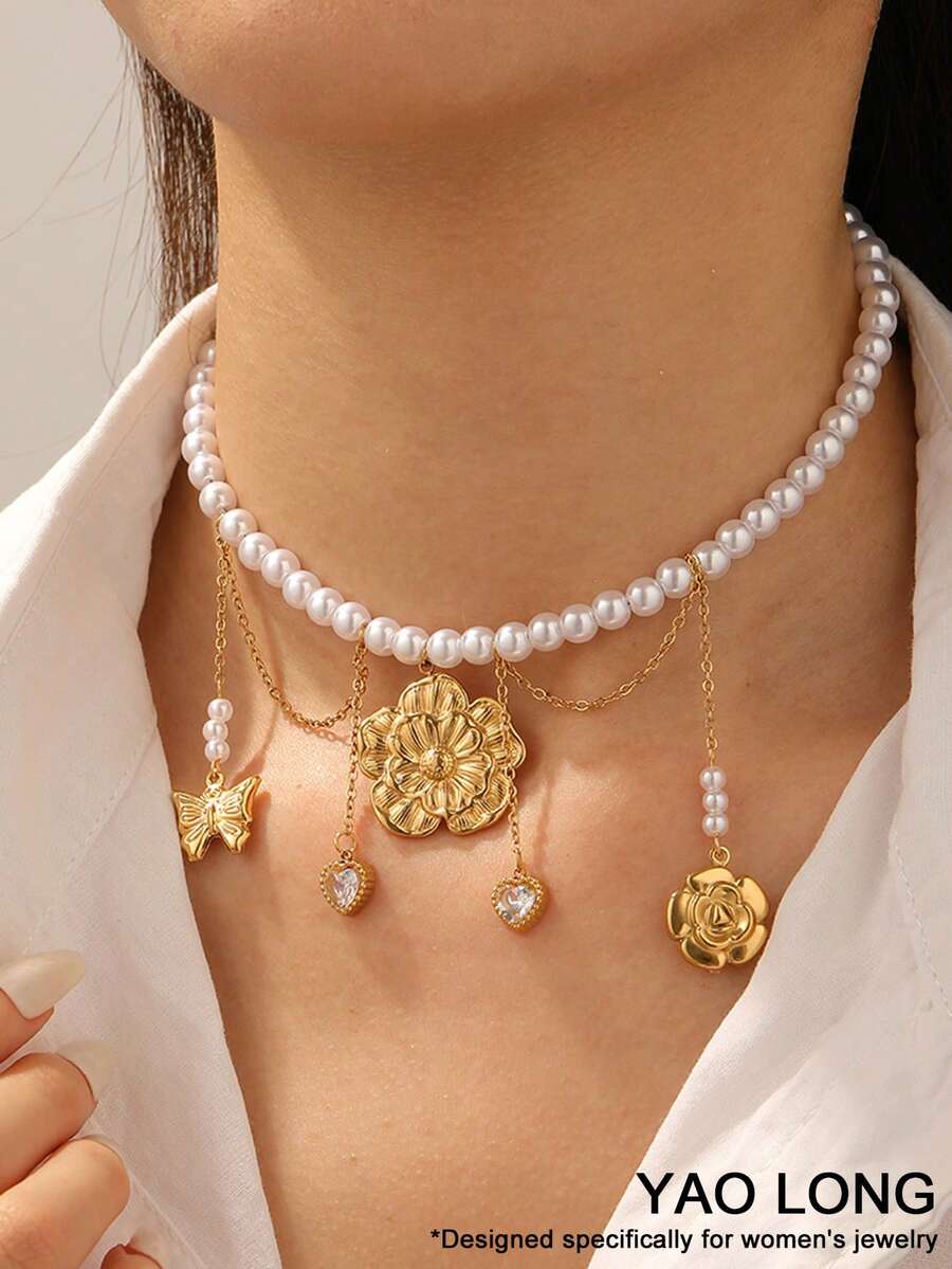 1 Peça Colar Feminino Elegante e da Moda com Pérolas Falsas, Combinado com Acessórios Florais em Coração de Aço Inoxidável 304, Adequado para Todas as Estações, Perfeito para Festas Femininas ou Uso Diário. - Dourado - Visão 1