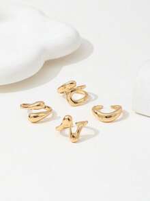 4 Pcs/Set Retro Fashion Geometric Open Circle Liquid Asymmetrical Ring Set, Charming Jewelry For Women, Suitable For Parties And Daily Wear - 金色 - 查看 5