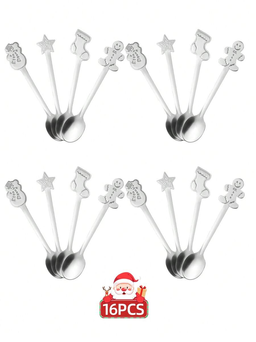 Christmas Coffee Spoons, 4pcs - Stainless Steel Christmas Mixing Spoons Set, Christmas Gift Gingerbread Man, Snowman, Stocket & Star Decor Spoon, Xmas Dessert Spoon Stirring Spoon Ice Cream Spoon, Teaspoons For Dessert Drinks Espresso Milkshake Jam, 4 Styles/Set, Creative Tableware Gift, Christmas Decoration, Christmas Stocking Fillers, Holiday Parties Supplies - Silver - View 1