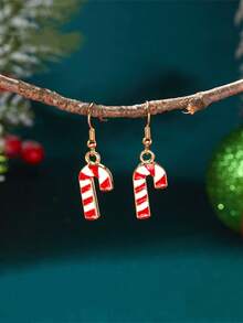 1 Pair, Colorful Cartoon Striped Santa Claus Christmas Crutches, Alloy Oil-Dripping Creative Christmas Earrings, Christmas Accessories, Suitable For Ladies To Attend Parties
