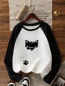 Y2K Cute Pixel Cat Print Raglan Sleeve T-Shirt For Women, Loose Fit Contrast Color Casual Top White Spring - White - View 8
