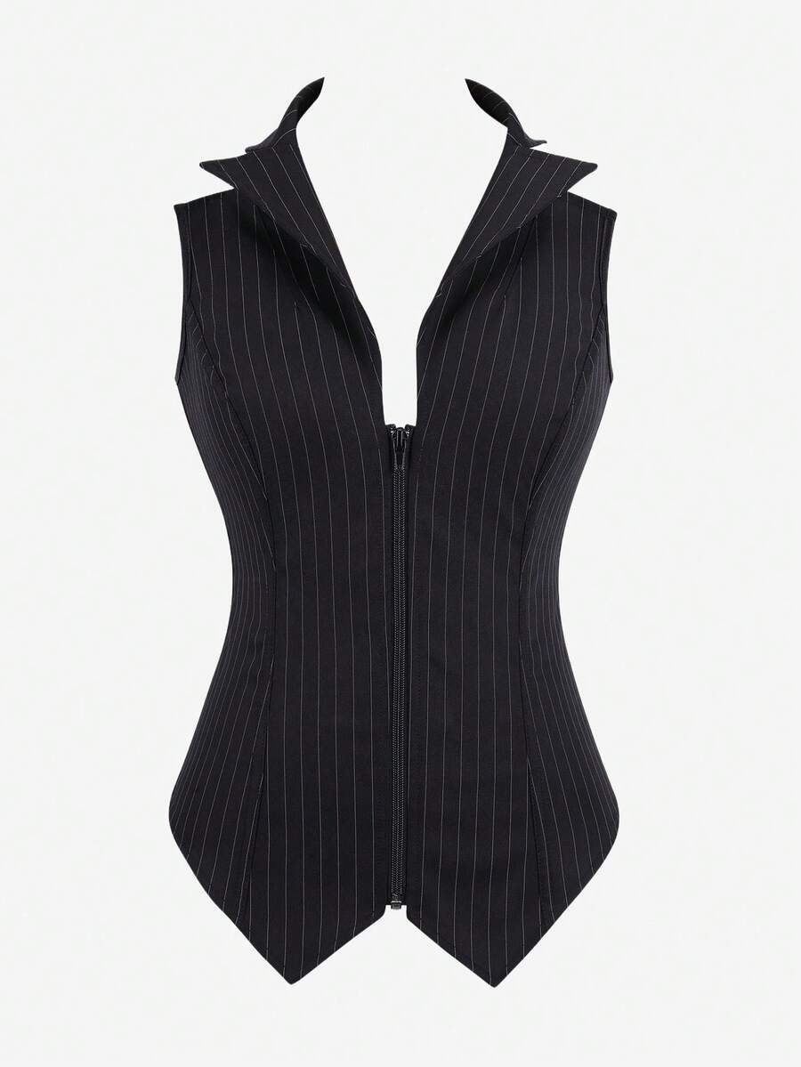 Áo corset, áo crop top kẻ sọc có cổ yếm, khóa kéo phía trước, thân áo corset phong cách cổ điển dành cho nữ, thích hợp biểu diễn trên sân khấu, Halloween - màu đen - Xem 1