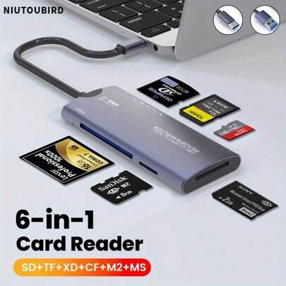 1pc Niutoubird 6-In-1 Multi-Function Card Reader, USB High-Speed Data Transfer Adapter, Compatible With Type C, SD, T0F, XD, CF And M2 Memory Cards, Suitable For Cameras And Computers, Designed For Easy Plug And Play, No Battery Required