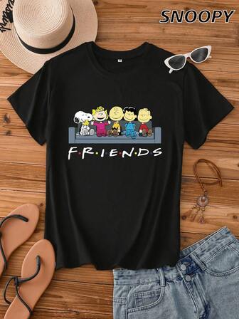 Camiseta de punto de manga corta con estampado de dibujos animados de carácter temperamental casual para mujer en verano