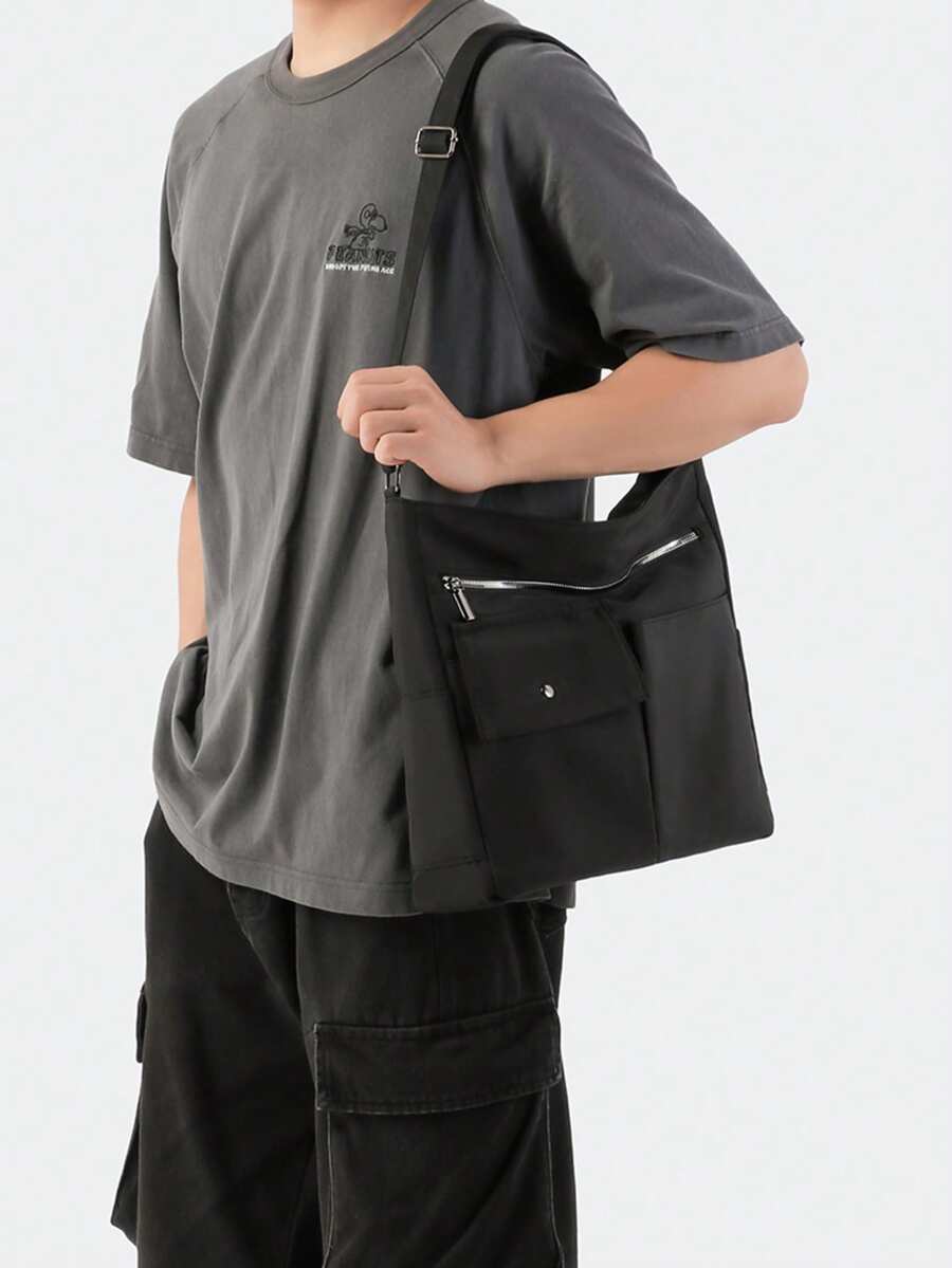 1pc Men's Casual Shoulder Bag, Multi-Pocket Design, Versatile College Style Messenger Bag, Solid Color Laptop Bag - Black - View 1