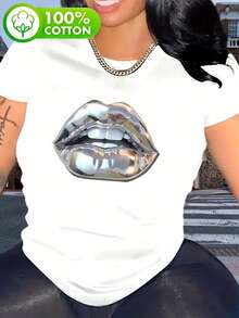 Camiseta de Moda para Mujer [Casual Comfort] con Estampado de Labios - Casual y Deportiva con Cuello Redondo y Manga Corta, Top de Verano Cómodo de Mezcla de Poliéster, Lavable a Máquina - blanco - Ver 1