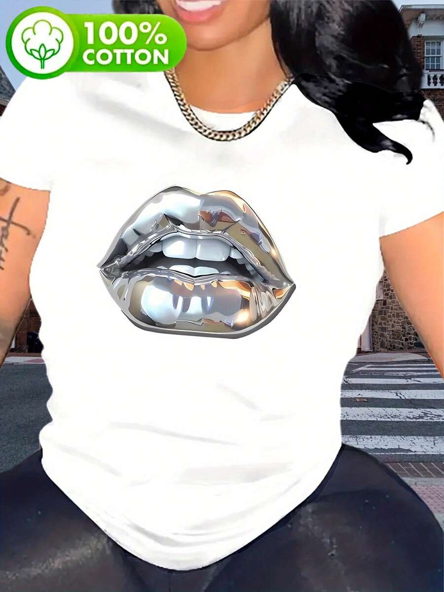 Camiseta de Moda para Mujer [Casual Comfort] con Estampado de Labios - Casual y Deportiva con Cuello Redondo y Manga Corta, Top de Verano Cómodo de Mezcla de Poliéster, Lavable a Máquina - blanco - Ver 1