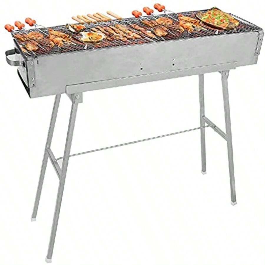 FHISD Charcoal Grill Large Stainless Steel Charcoal Shish Kebab BBQ Grill Barbecue Kit with Foldable Stand Camping Grill Used for Outdoor Cooking Camping Picnic Party Garden for 512 People - como en la foto - Ver 1