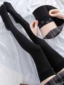 1 Pair Thigh High Socks, With Silicone Non-Slip Thermal Lined, Black Slimming Long Socks, Adjustable Size, High Elasticity, Christmas Gift - Black - View 10