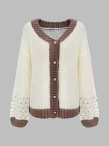 Große Größen Koreanischer Stil Weihnachten Lässig Boho Urlaubs Party Vintage Strickjacke Frauen Old Money Stil Süß Flughafen Streetwear Country Konzert Ausgehen Oberteile V-Ausschnitt Einreihig Kontrastfarbe Locker Lässig Gestrickte Strickjacke