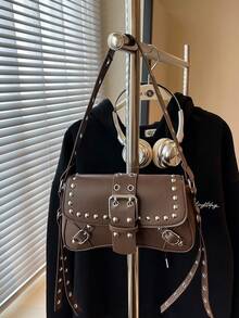 Borsa a tracolla retrò alla moda Y2K da donna con borchie, borsa sotto braccio, borsa a mezzaluna, borsa da motociclista con cintura stringata, colore unito, borsa a tracolla casual adatta per lo shopping, il portafoglio, lo shopping, le giovani donne, gli studenti universitari, i principianti e i lavoratori d'ufficio. Sono molto adatte per l'ufficio, l'università, il lavoro, gli affari, gli spostamenti, l'aperto, i viaggi e le uscite - Caffè - Visualizzare 6