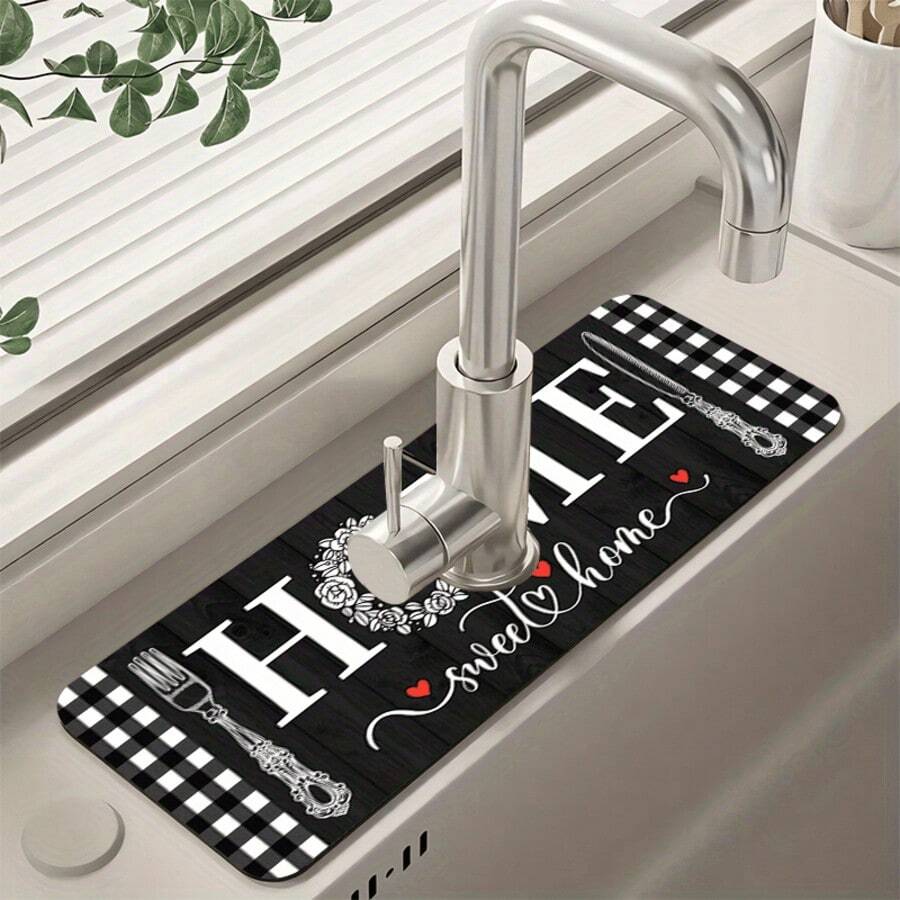 1 miếng lót thấm hút cao su chống trượt, khô nhanh, họa tiết kẻ caro đen trắng Sweet Home, thích hợp cho bồn rửa và vòi nước, quà tặng mùa xuân.