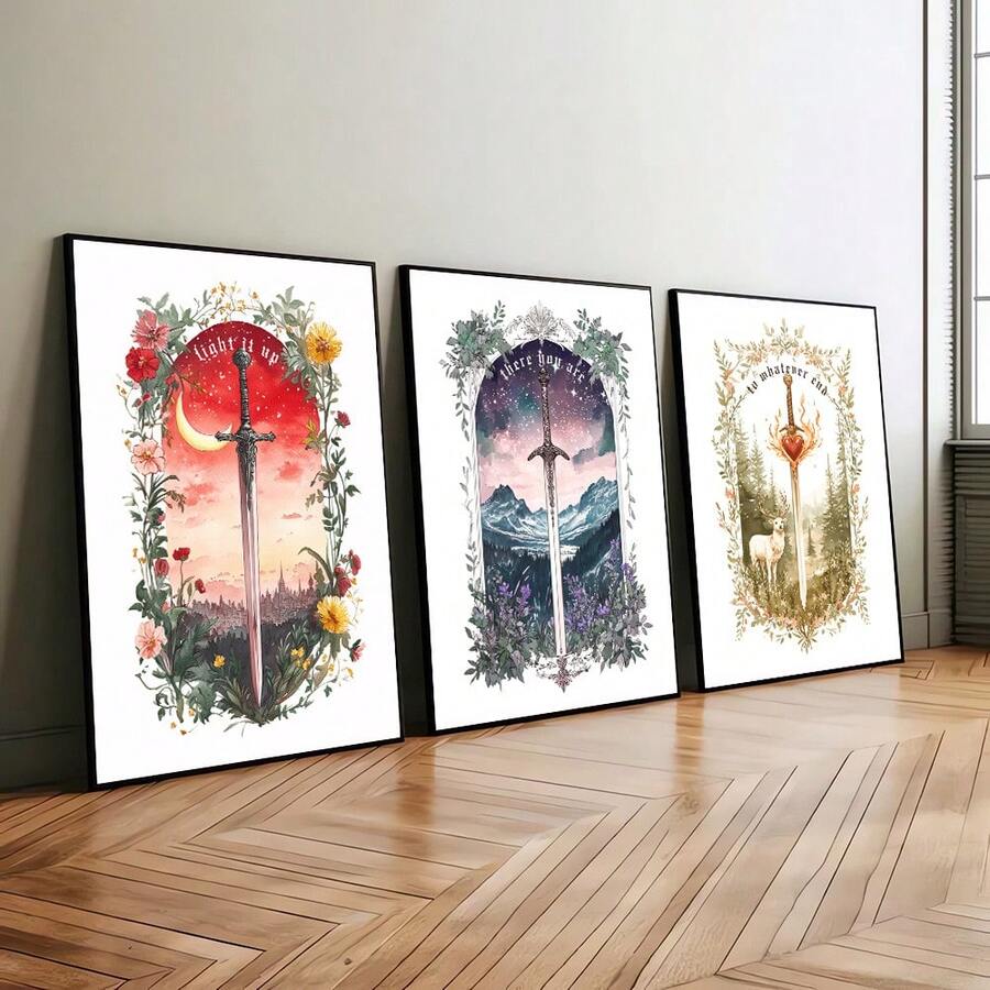 1/3 件无框植物花卉剑海报奇幻书卷墙艺术帆布印刷简约阅读角落书房美学装饰画适合爱书人士、公寓、客厅、卧室、现代家居装饰 - 彩色 - 查看 1