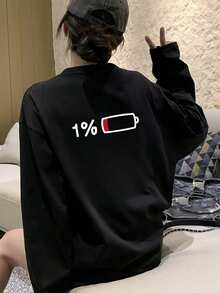 女式宽松休闲日本卡通印花长袖T恤，春秋季 - 黑色 - 查看 1