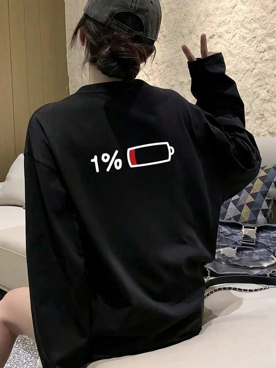 女式宽松休闲日本卡通印花长袖T恤，春秋季 - 黑色 - 查看 1