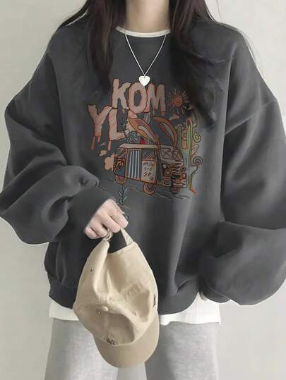 Women's Y2K Cotton Contrast Color Raglan Sleeve Letter Print Relaxed Fit Casual Comfortable Everyday Commute Homewear Crew Neck Sweatshirt