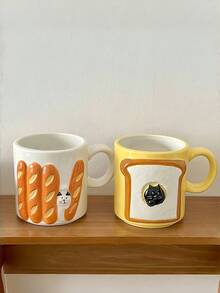 1pc Korean Ins Style Ceramic Mug, Cute Baguette Toast Cat Cup, Couple Breakfast Cup, Water/Milk/Coffee Cup