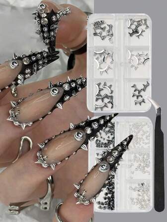 2 BOX Dark Punk-Style Nail Accessory Set With Rivets (Comes With Sharp Spikes, Crescent-Shaped Rivets, And A Nail Care Tweezer).