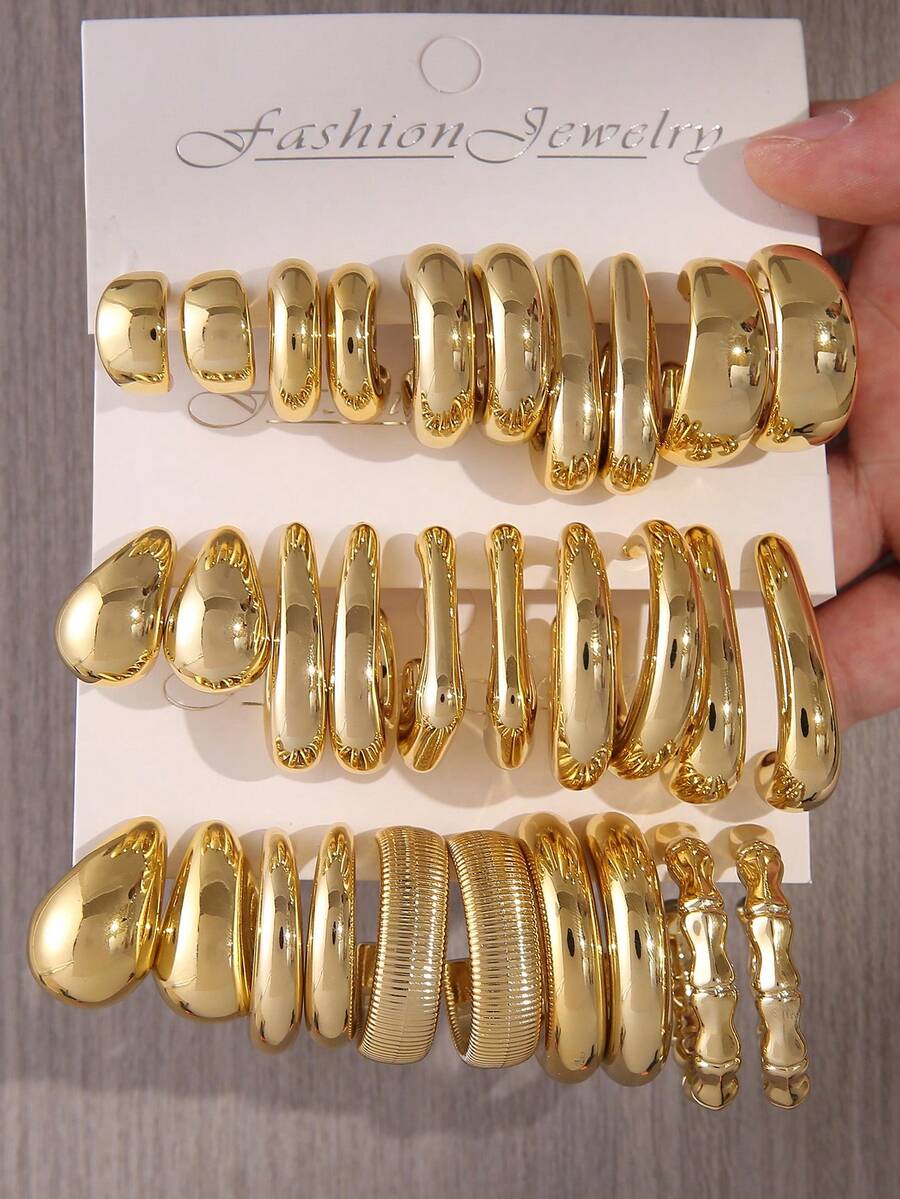 2/30 piezas Nuevo conjunto de pendientes asimétricos de múltiples elementos, elegante y de moda, de material plástico ABS ligero, adecuado para uso diario de mujeres - Dorado - Ver 1