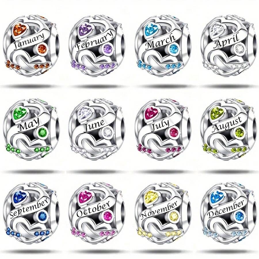 1pc Silver-Plated Heart-Shaped Birthstone Charm Bead Pendant Suitable For European-Style Snake Chain Bracelets, Necklaces, Key Rings And DIY Jewellery Ideal For Ladies' Everyday Wear Perfect As Gifts For Valentine's Day, Mother's Day, Halloween And Christmas