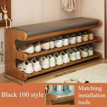 1pc Bamboo Shoe Bench With Shoe Rack, Freestanding Shoe Organizer Suitable For Hallway, Bedroom Or Balcony - Black - View 7