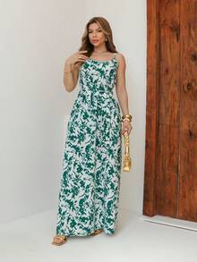 Women's Long Sleeveless A-Line Dress With Plant Print And Knot Details, Off The Shoulder, Lightweight And Stretchy Fabric For Summer - Màu xanh lá cây đậm - Xem 3